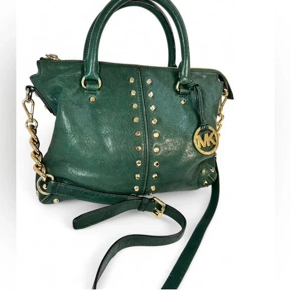 Michael Kors Uptown Astor studded leather satchel bag in hunter green Circa 2004 - Picture 3 of 8